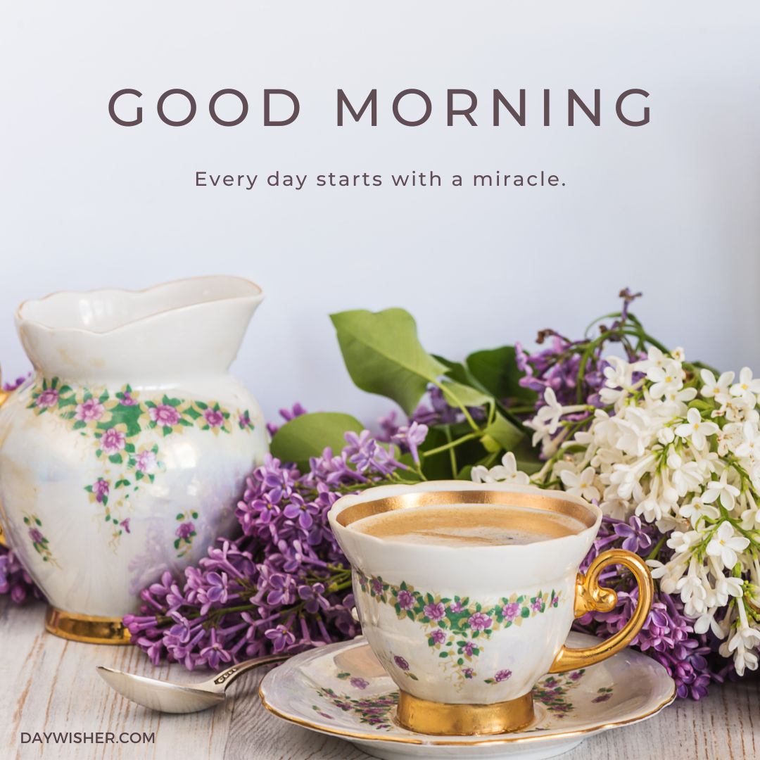A decorative coffee cup on a saucer, surrounded by fresh lilac blossoms and a similar patterned creamer pitcher, with the text "good morning images, every day starts with a miracle.