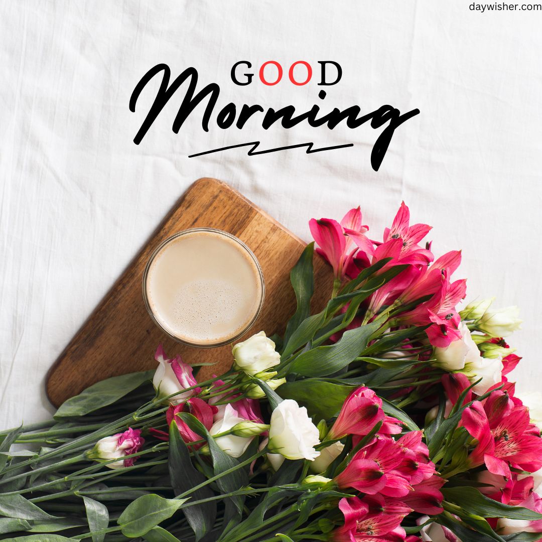 A morning greeting image featuring a cup of coffee on a wooden board surrounded by vibrant pink and white flowers on a white background with "good morning images" in elegant script at the top.
