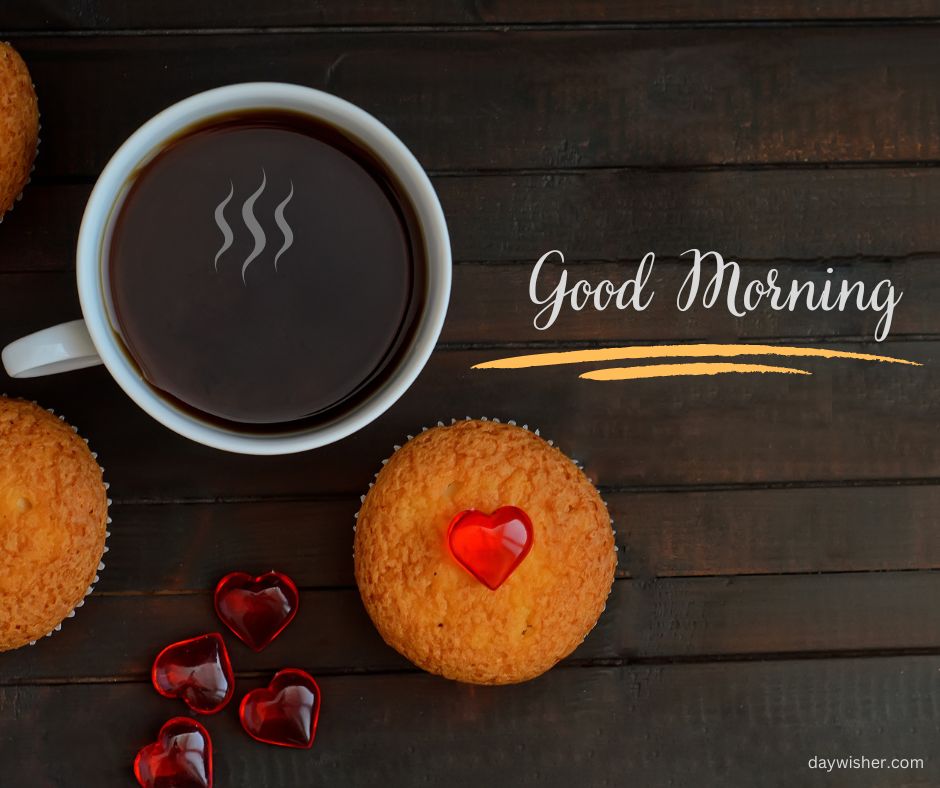 A white cup of coffee, steam rising, with two cookies and small red heart decorations on a dark wooden surface, accompanied by a "good morning" greeting in good morning images.