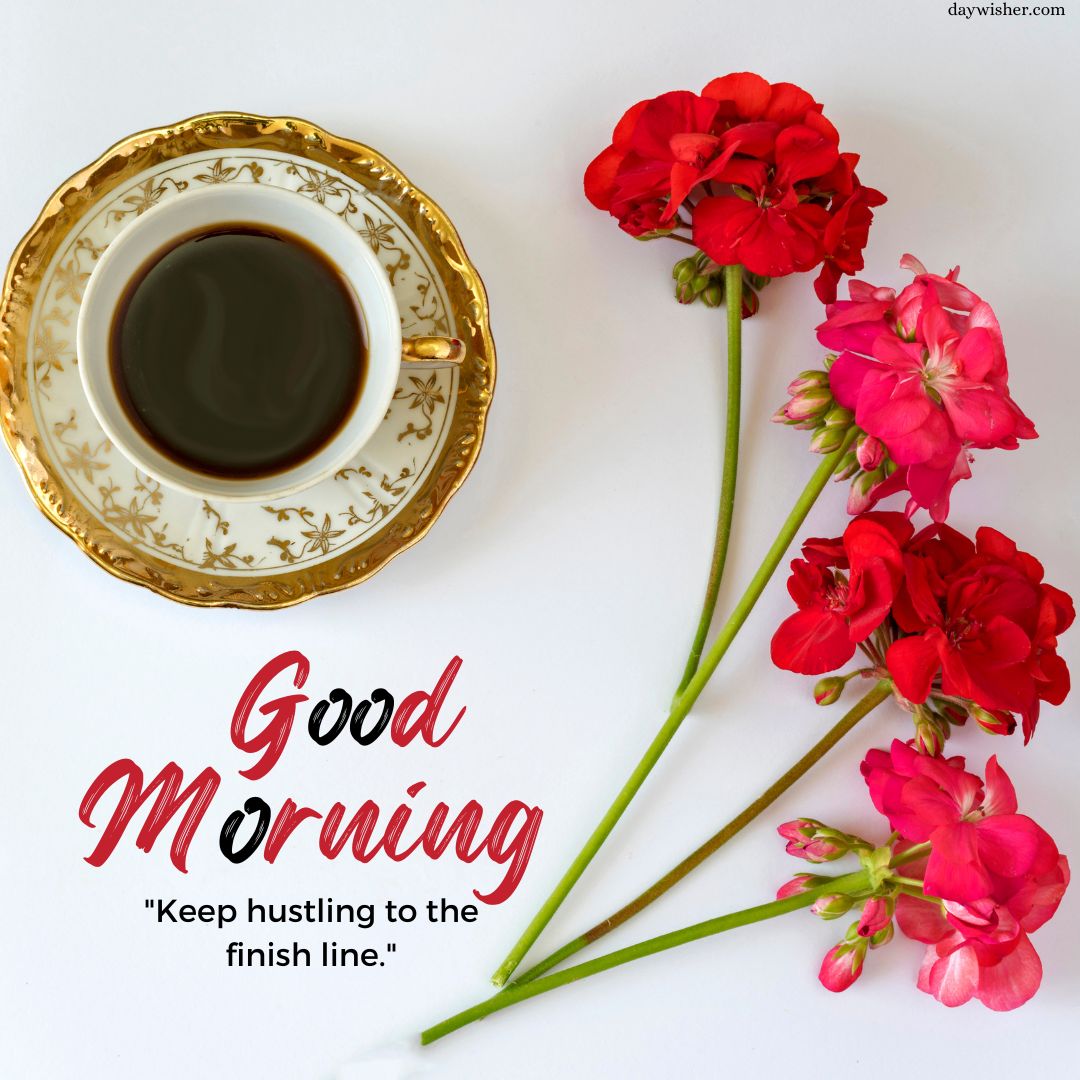 An elegant golden-trimmed porcelain cup filled with coffee, alongside bright pink geranium flowers, on a white background with a "good morning" greeting and an inspirational quote.