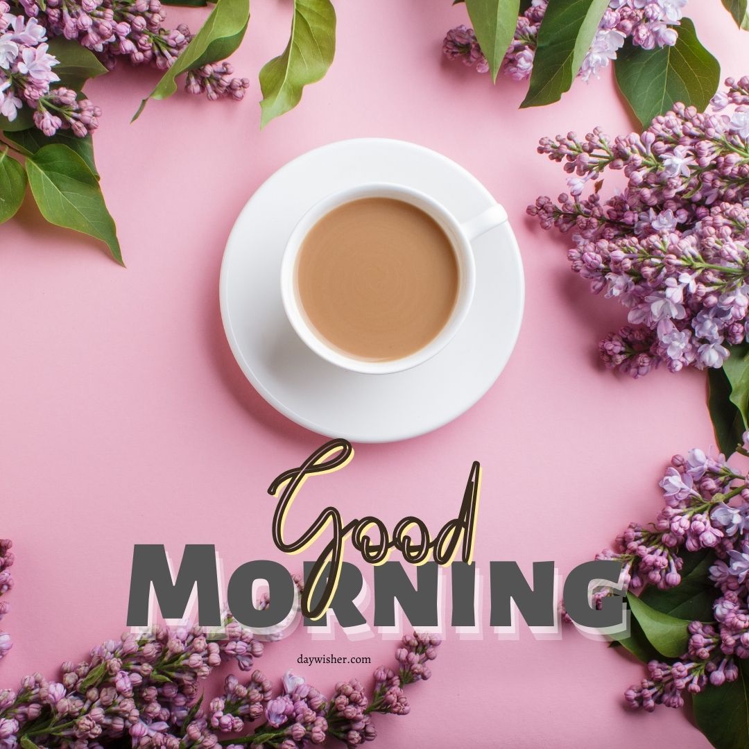 A white cup of coffee surrounded by purple lilac flowers on a pink background, with the words "good morning images" written in a stylish font.