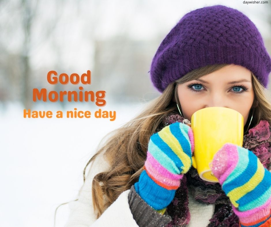 A woman in winter attire, including a purple hat and colorful gloves, holds a yellow mug near her face, with text 'good morning have a nice day' on a snowy background in one of the