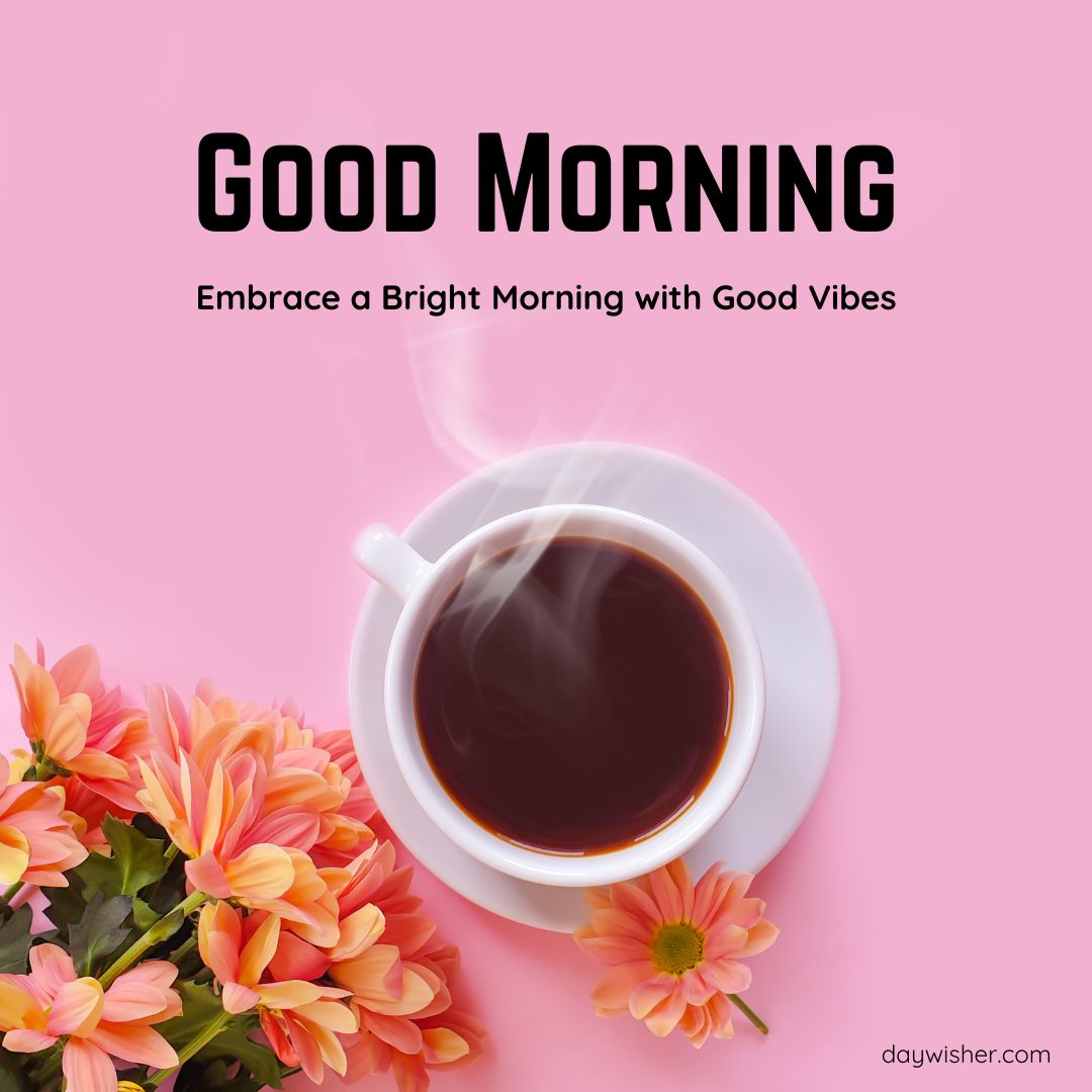 A cheerful "good morning" message on a pink background with a steaming cup of coffee and vibrant orange flowers to the side. The text encourages embracing a bright morning with good vibes.
