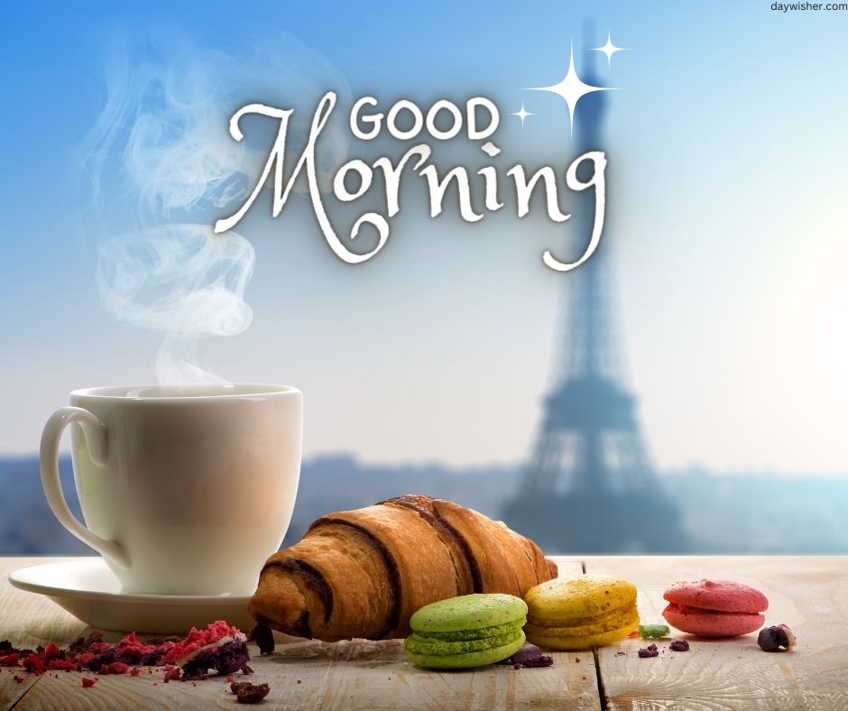 A morning scene with a steaming cup of coffee, a croissant, and colorful macarons on a wooden table, with the Eiffel Tower in the soft-focus background and "good morning
