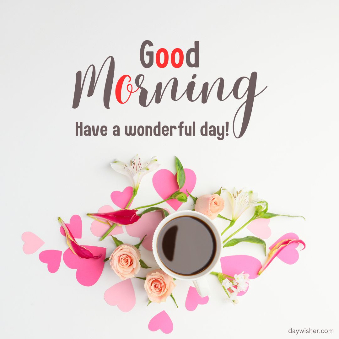 A cheerful "good morning" greeting card featuring a cup of coffee, surrounded by pink and red heart cutouts and pastel roses, set against a white background with good morning images.