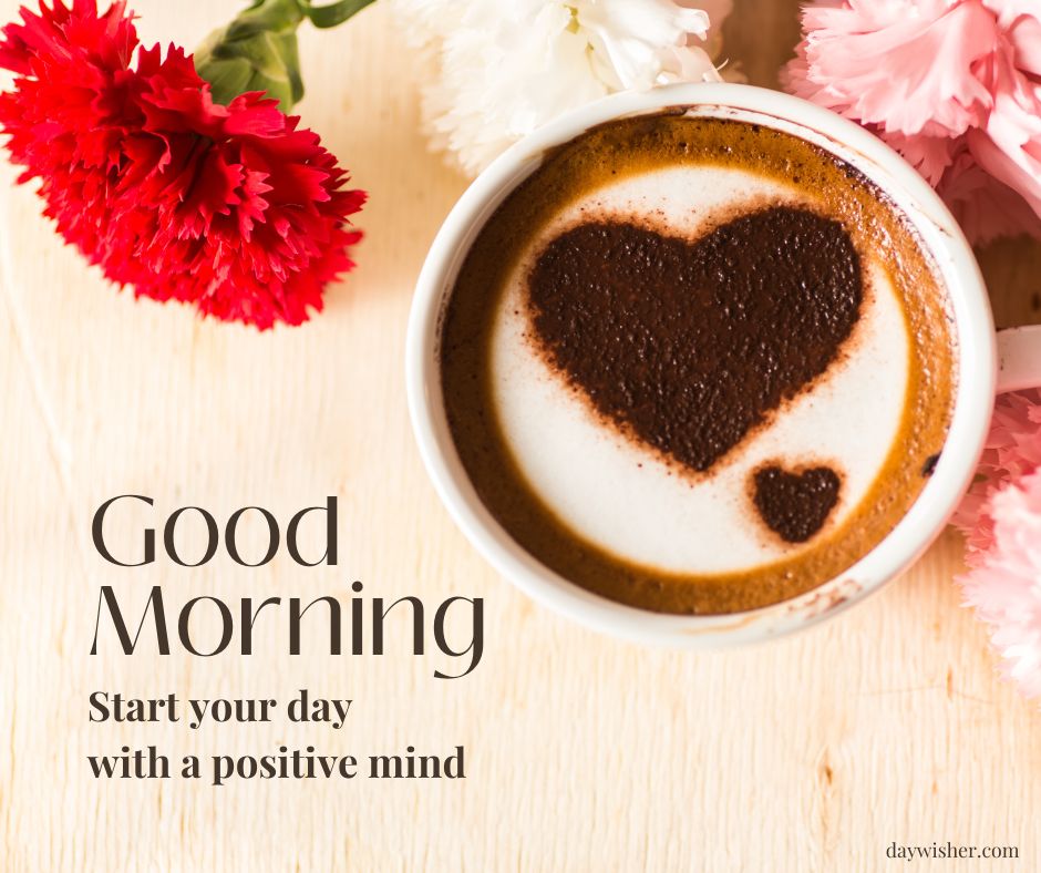 A cup of coffee with a heart-shaped foam design, surrounded by red and pink flowers, with the text "good morning images - start your day with a positive mind" on a wooden surface.