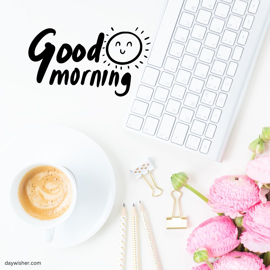 A top-down view of a desk with a "good morning" text, featuring a cup of coffee, fresh pink flowers, a white keyboard, and some stationery items.