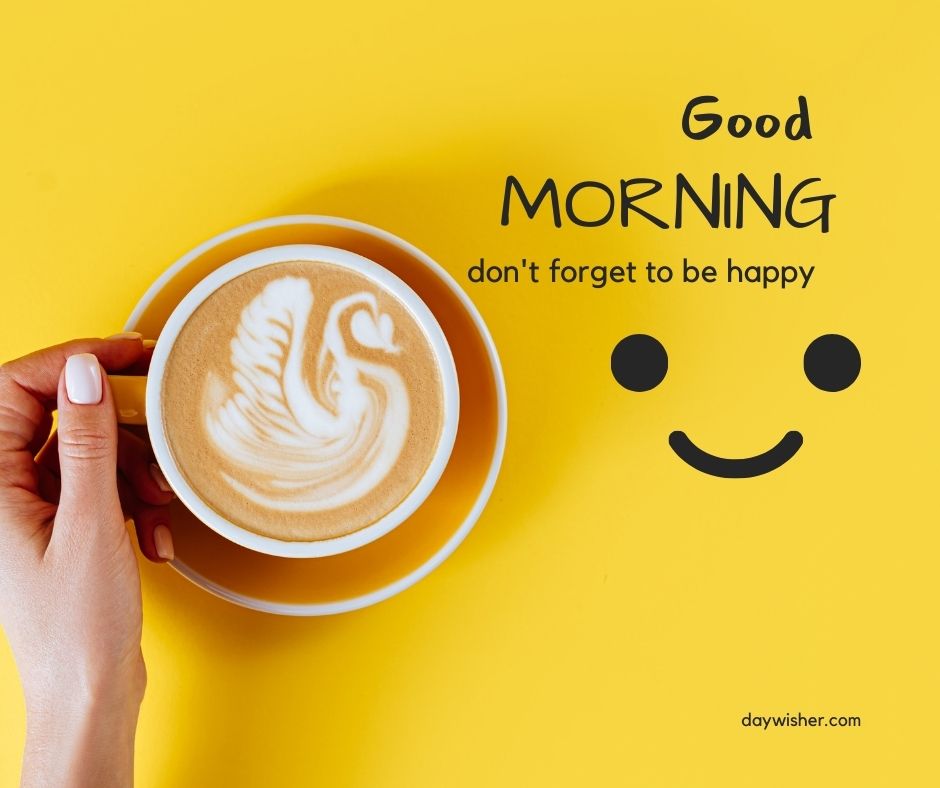 A person holding a cup of coffee with a swan latte art on a bright yellow background. The text "good morning images, don't forget to be happy" is displayed with a smiley