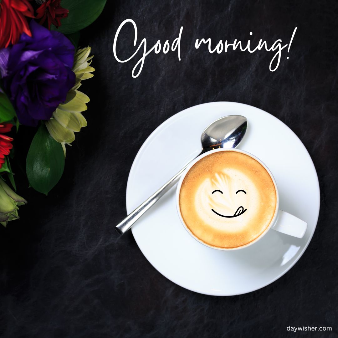 A cheerful latte with a smiley face in the foam sits next to a bouquet of colorful flowers, against a dark background. Text above reads "Good morning images!".