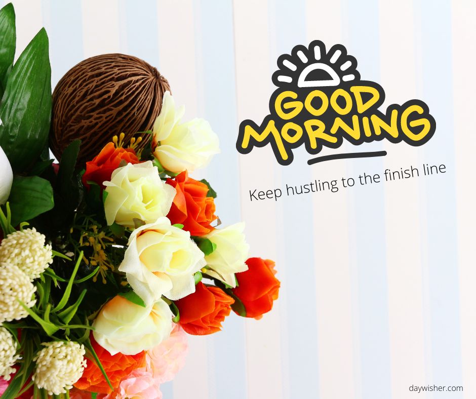 A vibrant bouquet with roses and other flowers next to a "good morning" greeting with motivating text "keep hustling to the finish line". The background features blue and white stripes.
