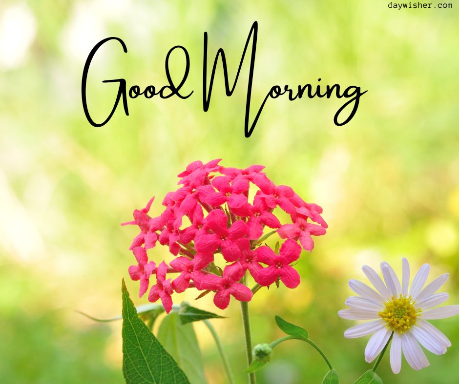 A vibrant image of a pinkish-red flower cluster in the foreground against a blurred green backdrop with a white and yellow daisy at the bottom and the words "good morning images" overhead in black script