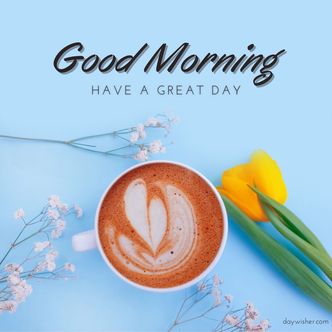 A cup of coffee with latte art on a blue background, adorned with white flowers and a yellow tulip, featuring the text "good morning images".