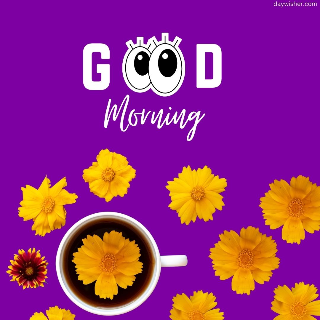 A vibrant purple background with the text "good morning images" in white, decorated with cartoon eyes. Scattered around the text are several yellow flowers and a cup of tea with a flower inside.