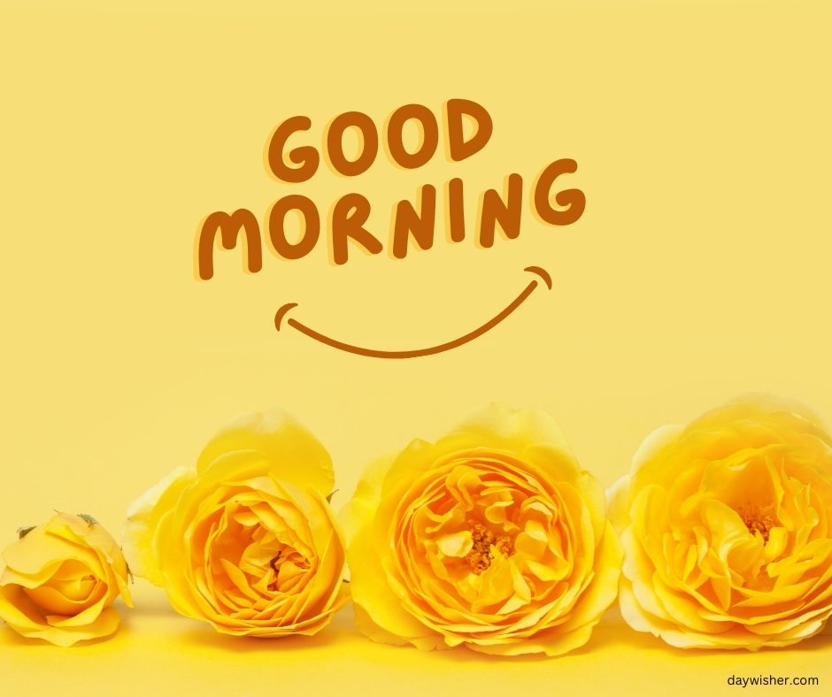 Good morning" greeting in bold letters above a smiley face, set against a bright yellow background, with three vibrant yellow roses lined up at the bottom. This is one of many good morning images