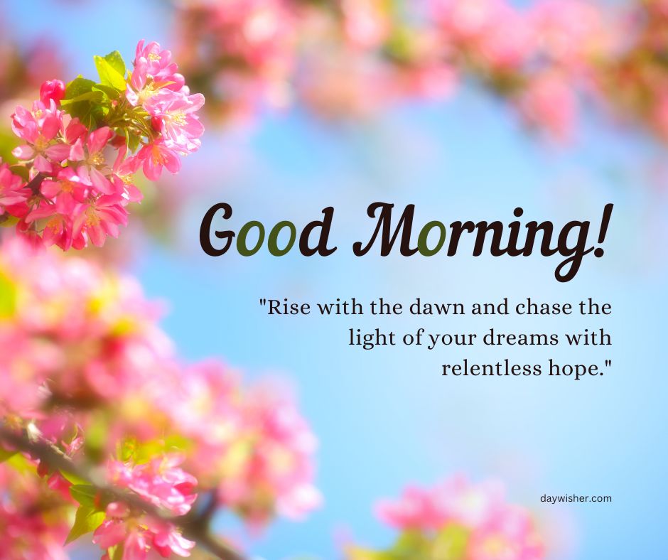 A bright image featuring pink cherry blossoms against a blue sky with a "Good Morning!" greeting and an inspirational quote about hope and dreams.