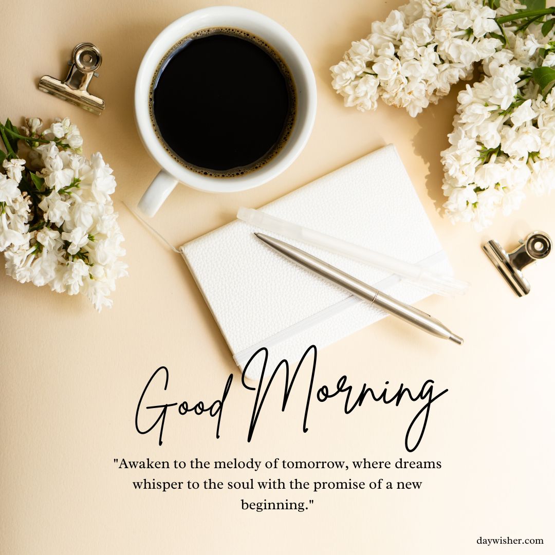 Aesthetic morning setup featuring a cup of coffee, a notepad with a pen, and white flowers on a light background, accompanied by "Good Morning Images with Quotes" to inspire a fresh start.