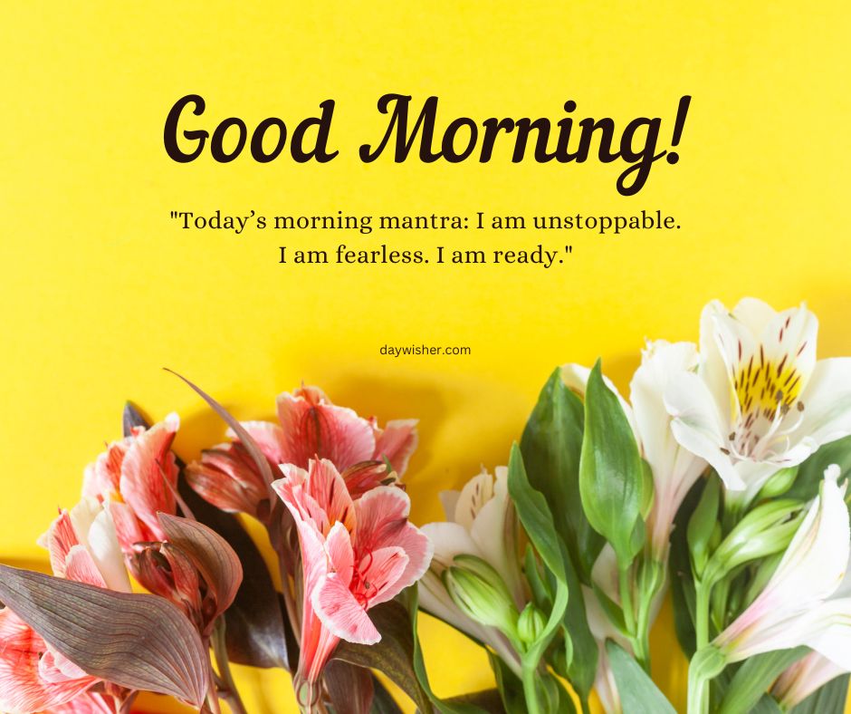 A bright, cheerful Good Morning Image with Quotes featuring the phrase "good morning!" on a yellow background with a motivational quote and a border of fresh white and pink flowers at the bottom.
