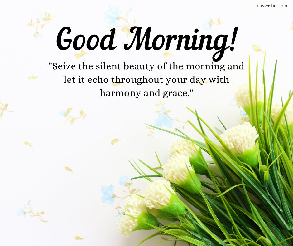 Inspirational "Good Morning Images with Quotes" greeting on a white background, decorated with an image of fresh greenery and small yellow flowers in the bottom left corner.