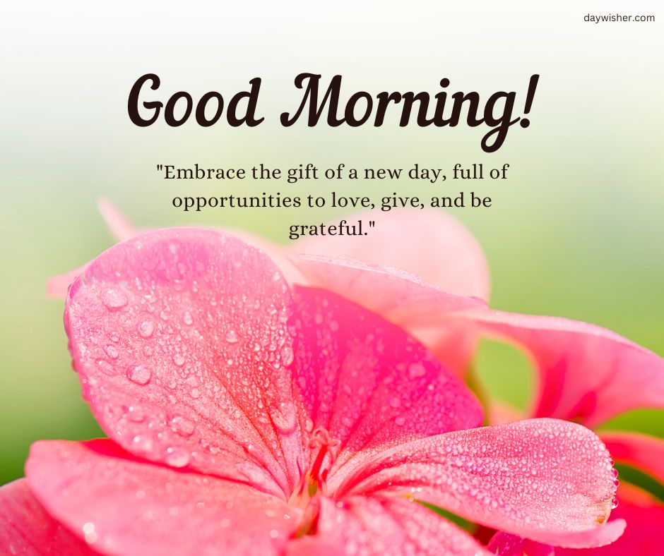 Inspirational "Good Morning Images with Quotes" greeting featuring a quote over a close-up image of a dewy pink flower. The background is softly blurred with green tones.
