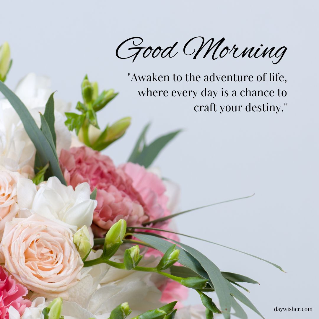 A floral arrangement with pink and white flowers against a light background, featuring a text overlay that says "good morning" and an inspirational quote about life and destiny.