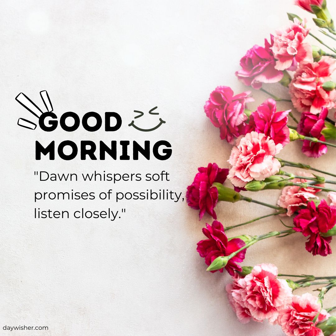 A graphic with the text "Good Morning" and a quote saying "dawn whispers soft promises of possibility, listen closely," surrounded by vibrant pink carnations on a light background.