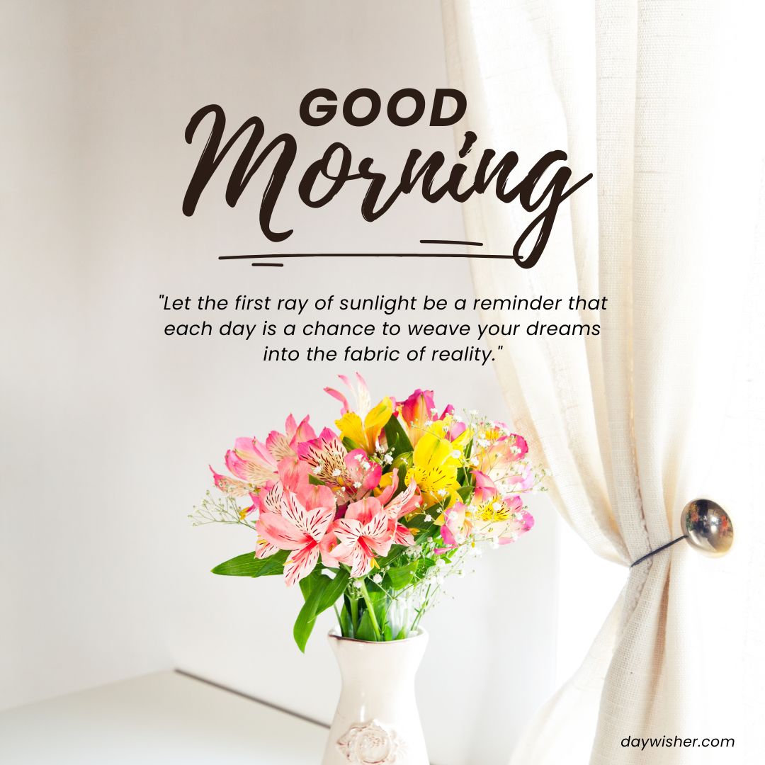 A bright, airy room with morning light shining through a sheer curtain, illuminating a vase of colorful flowers on a table. The text overlay says "Good Morning Images with Quotes" adding an inspirational touch