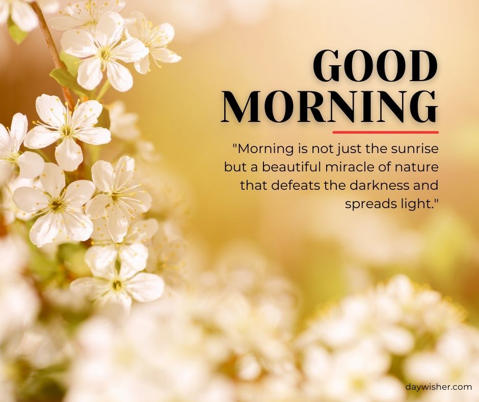 Image of a beautiful morning with flowering branches, featuring the text "Good Morning Images with Quotes" and a quote about the morning being a miraculous light-spreading event.