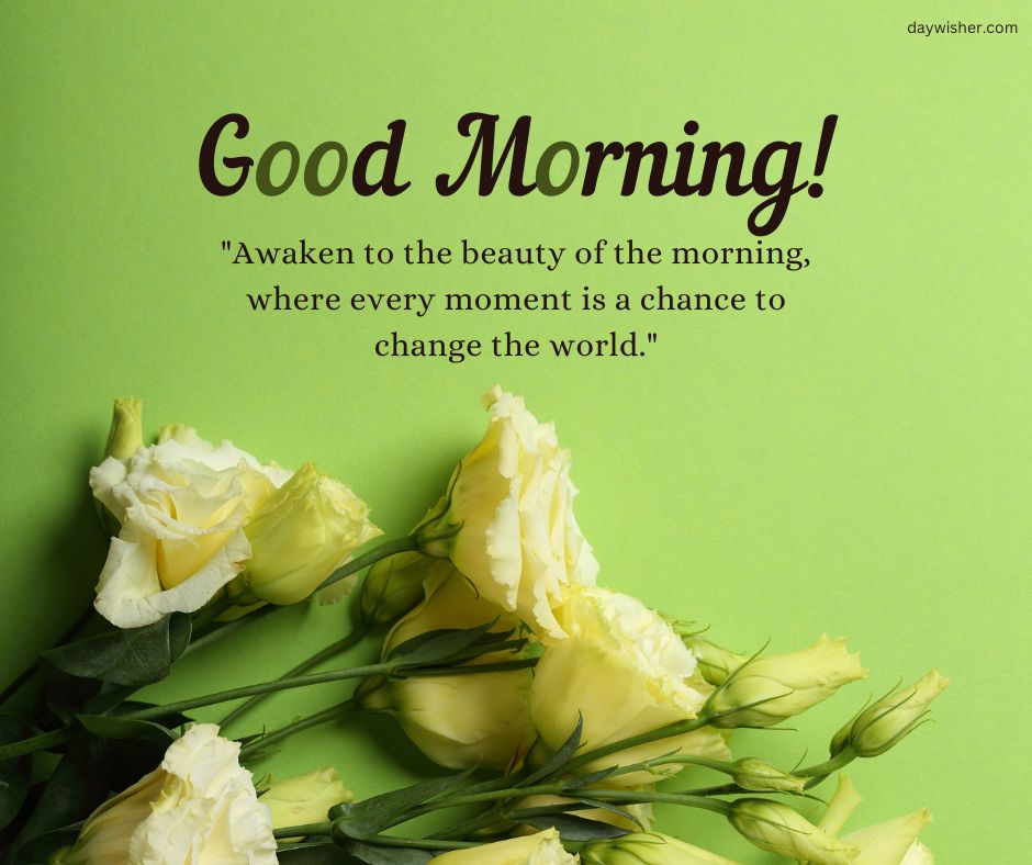 A graphic featuring yellow roses on a green background with the text "good morning" and a quote about the beauty of mornings offering opportunities to change the world in *Good Morning Images with Quotes*.