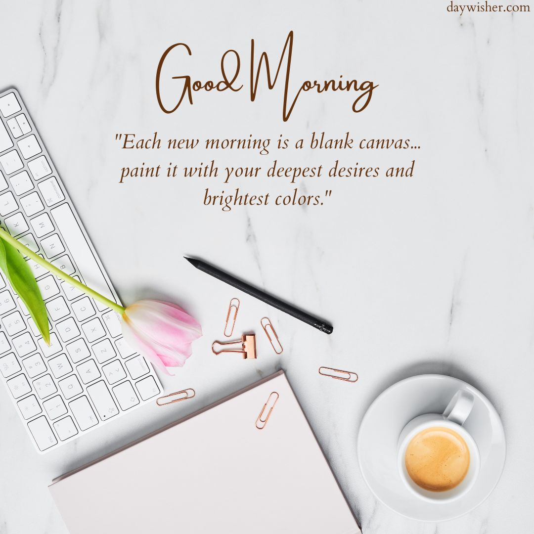 An inspirational desktop setup featuring a keyboard, tulip, notebook, pen, paper clips, and a coffee cup, with Good Morning Images with Quotes and a message about starting anew each day.