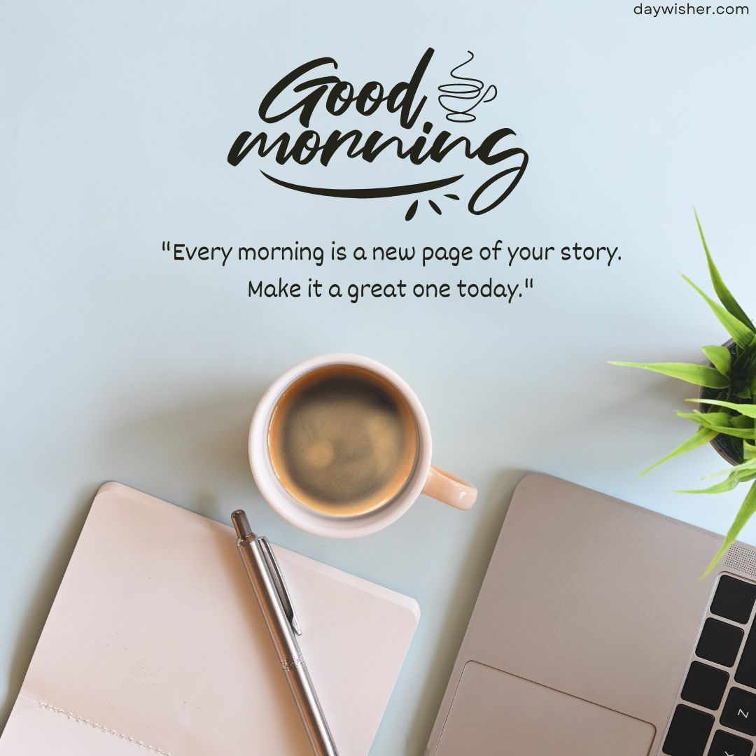 A motivational morning workspace featuring a cup of coffee, a notepad, and a pen on a light blue background, with Good Morning Images with Quotes saying "good morning. every morning is a