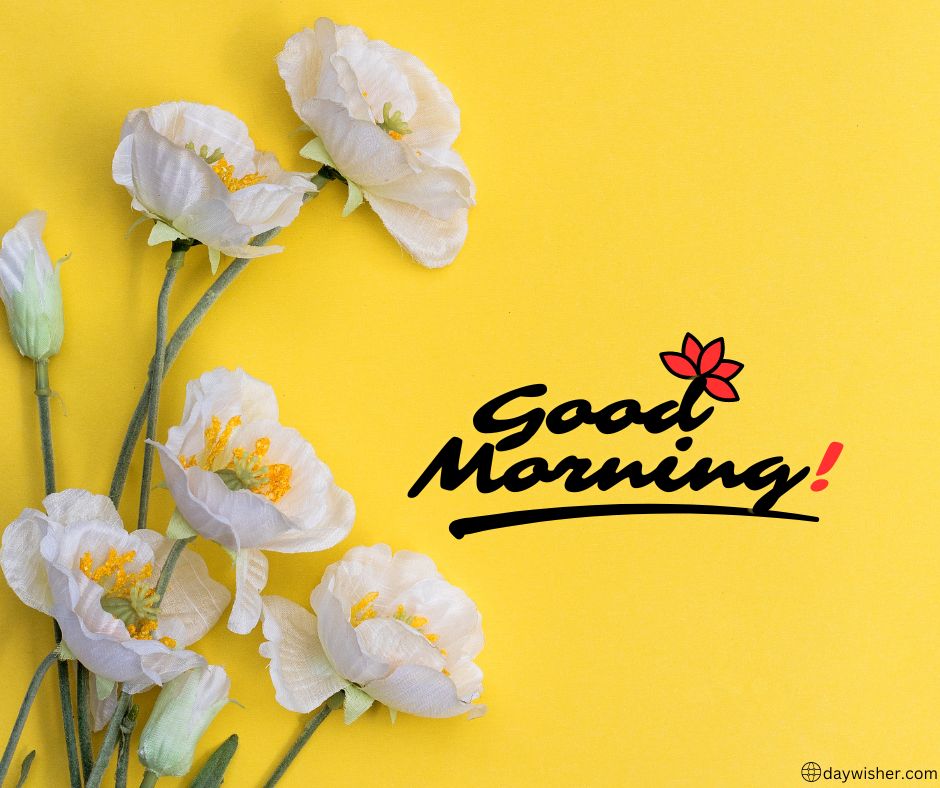 White flowers arranged on a bright yellow background with the text "good morning images" in black and red script, accompanied by a small red flower icon.