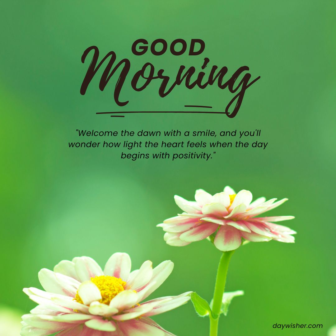 A vibrant Good Morning image showing two white and yellow daisies against a blurred green background with the text "good morning" and an inspirational quote about greeting the dawn with a smile.