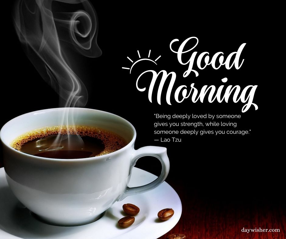 A white cup of steaming hot coffee with the text "Good Morning Images with Quotes" and a quote by Lao Tzu about love and strength. Coffee beans are scattered next to the cup on