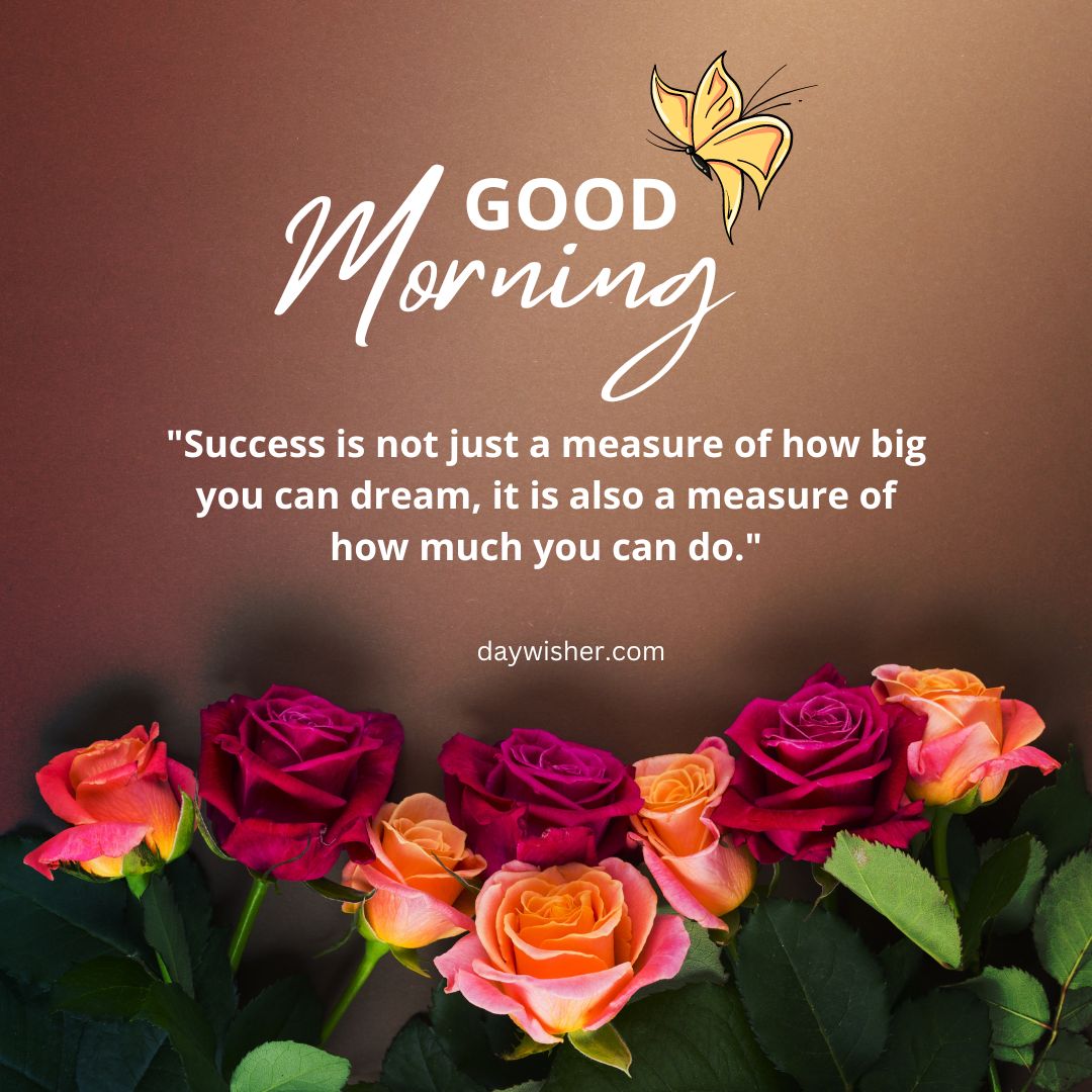 A "Good Morning Images with Quotes" greeting card featuring a quote about success and dreams, embellished with illustrations of vibrant orange roses on a dark background.