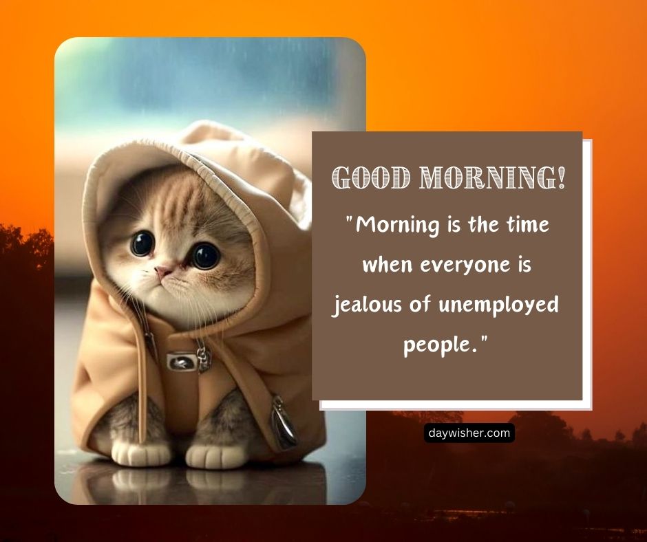 A cute kitten wearing a hooded jacket with the text "Good Morning! 'Morning is the time when everyone is jealous of unemployed people.'" set against an orange background.