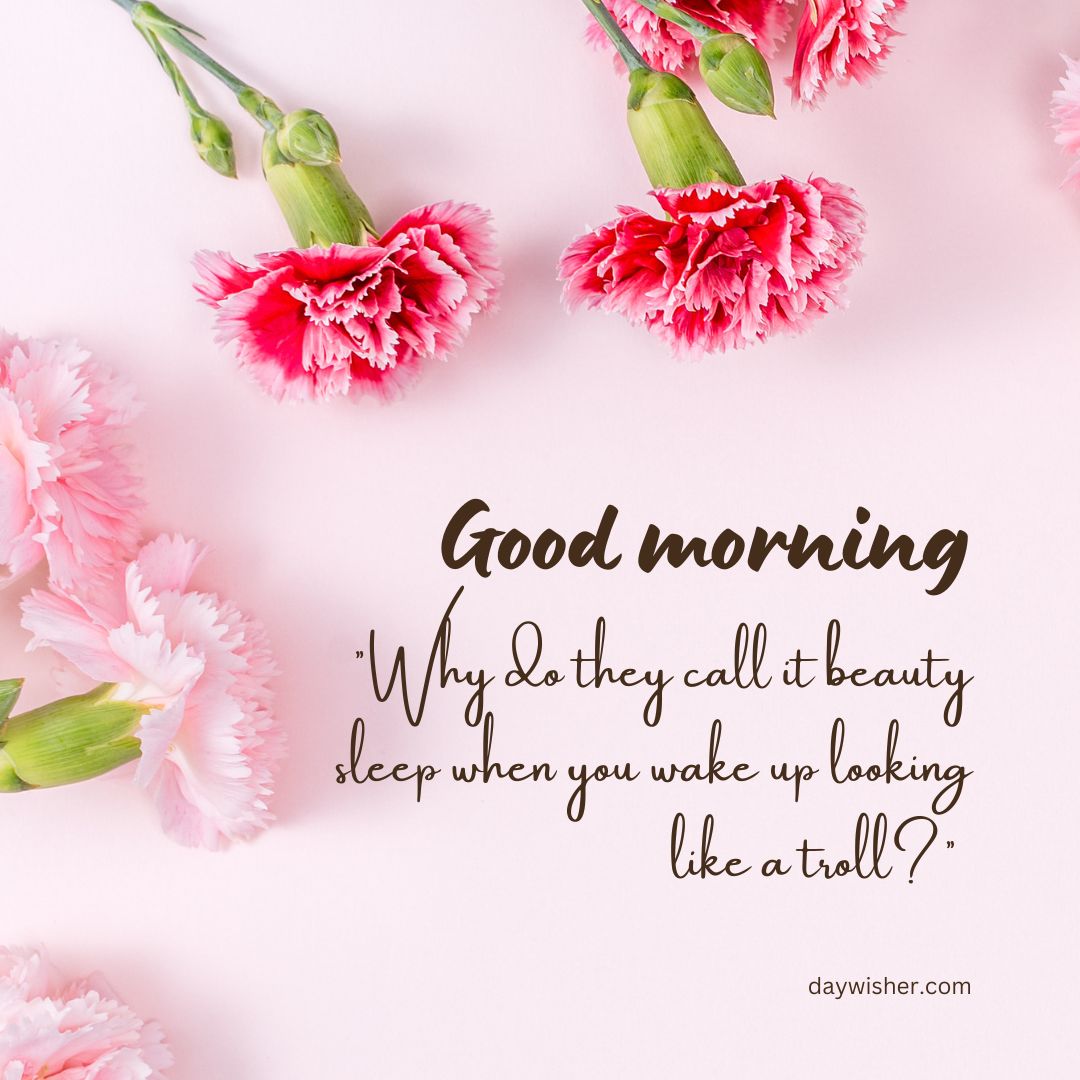 Pink background with scattered pink and white tulips and a Good Morning Images with Quotes text message saying "good morning - why do they call it beauty sleep when you wake up looking like a troll?".