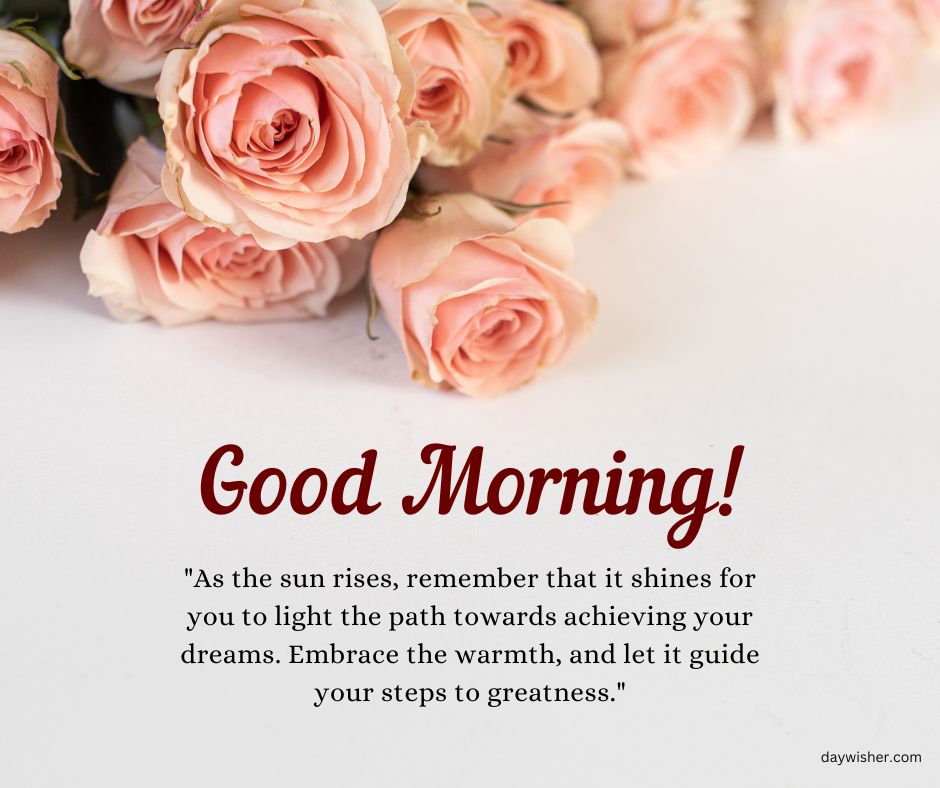 A bright image featuring a bouquet of pink roses in the upper left corner with a "Good Morning!" greeting and an inspirational quote about the sun shining to guide one towards their dreams.