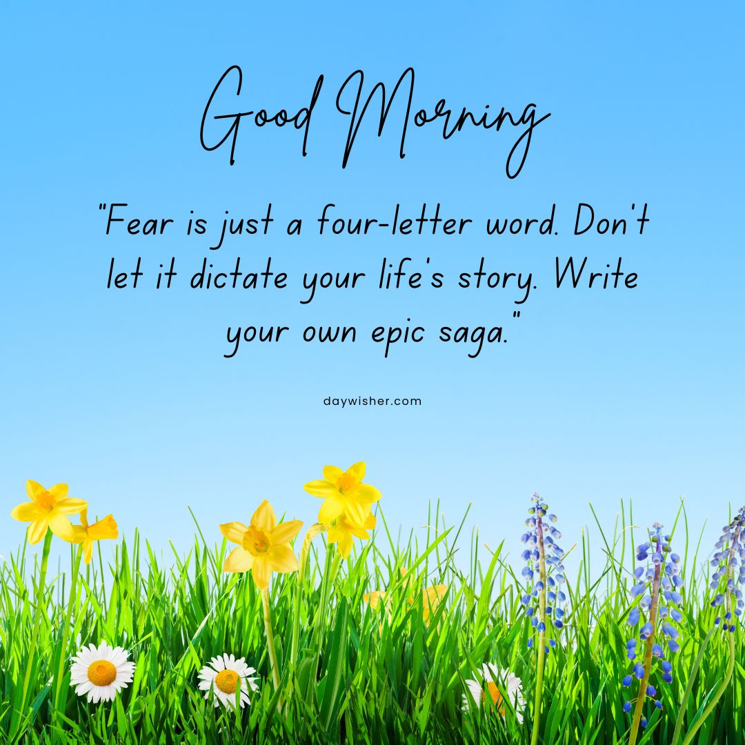 Inspirational "Good Morning Images with Quotes" on a bright blue sky background, with lush green grass and vibrant yellow and purple flowers. The quote encourages overcoming fear and writing one's own life story