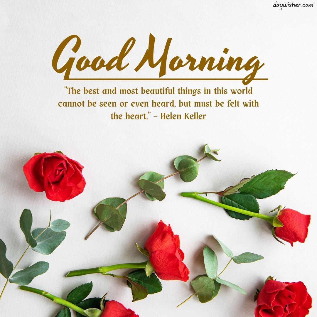 Image showing a white background with scattered red roses and green leaves, featuring "Good Morning Images with Quotes" in gold text and a quote by Helen Keller below in black text.