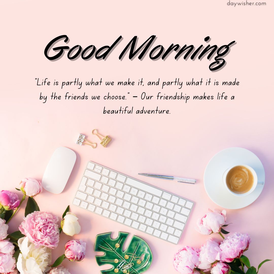 An inspirational "Good Morning Images with Quotes" message on a pink background with a keyboard, mouse, coffee cup, flowers, and stationery, promoting friendship and life's beauty.