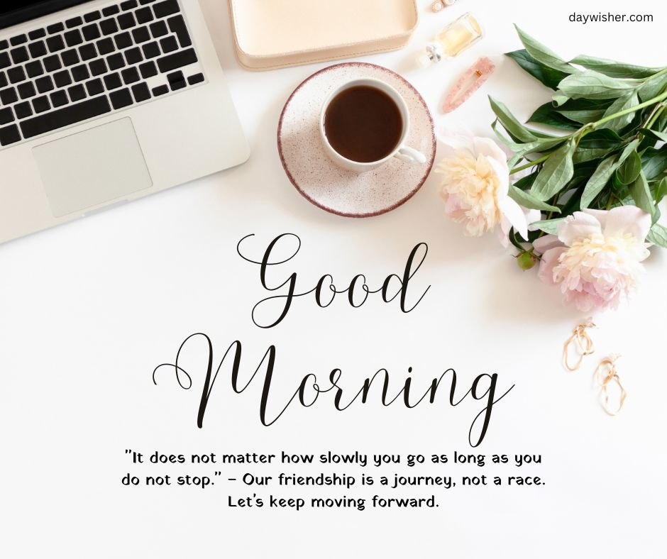 A desktop setting with a laptop, cup of coffee, pink flowers, and a "Good Morning Images with Quotes" on friendship and perseverance.