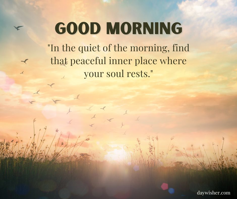 Image featuring a sunrise over a field with birds flying. Text reads "Good Morning Images with Quotes" and a motivational quote about finding peace in the morning.