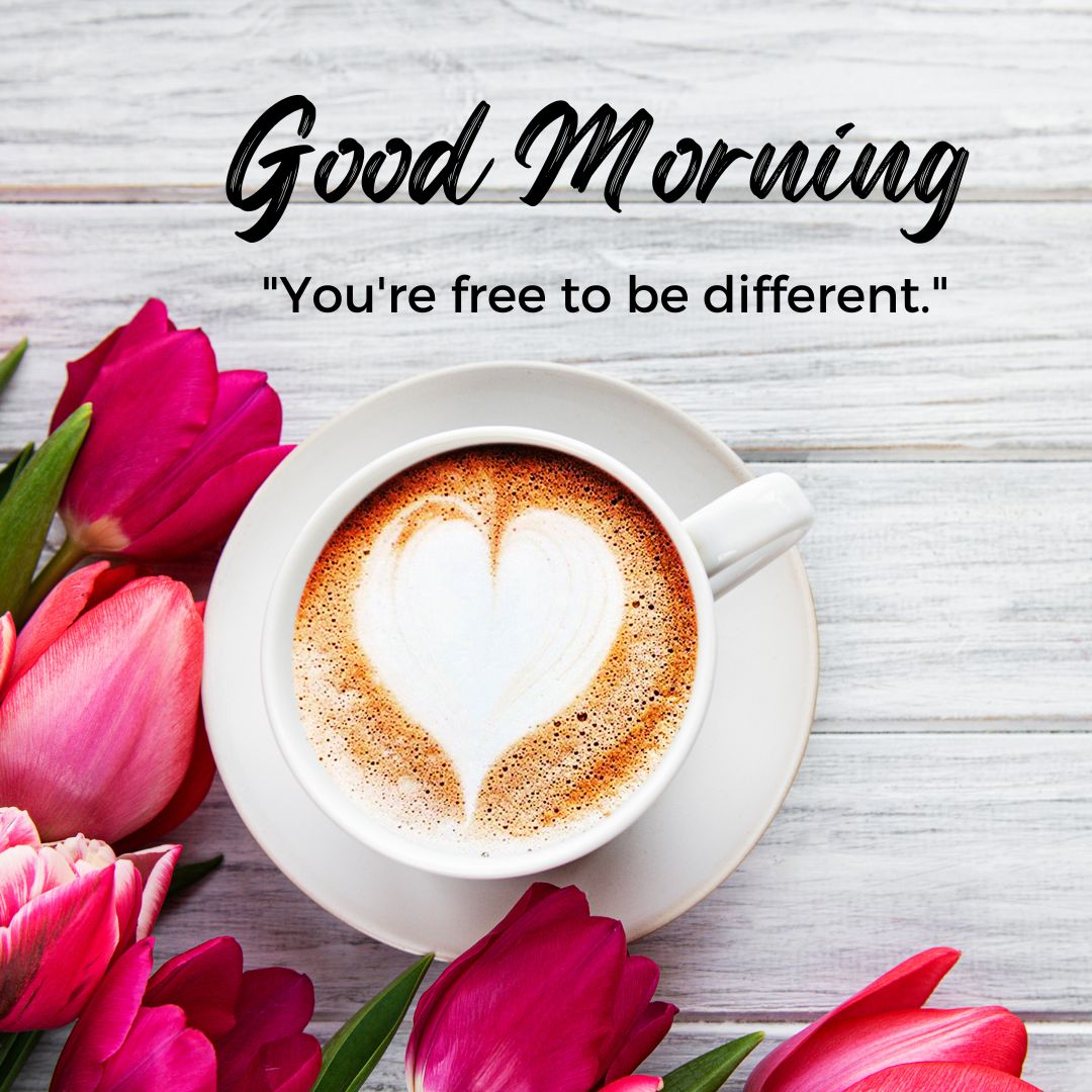 A top view of a cup of coffee with heart-shaped foam art surrounded by pink tulips on a white wooden background, with a "good morning" greeting and the quote "you're free to be