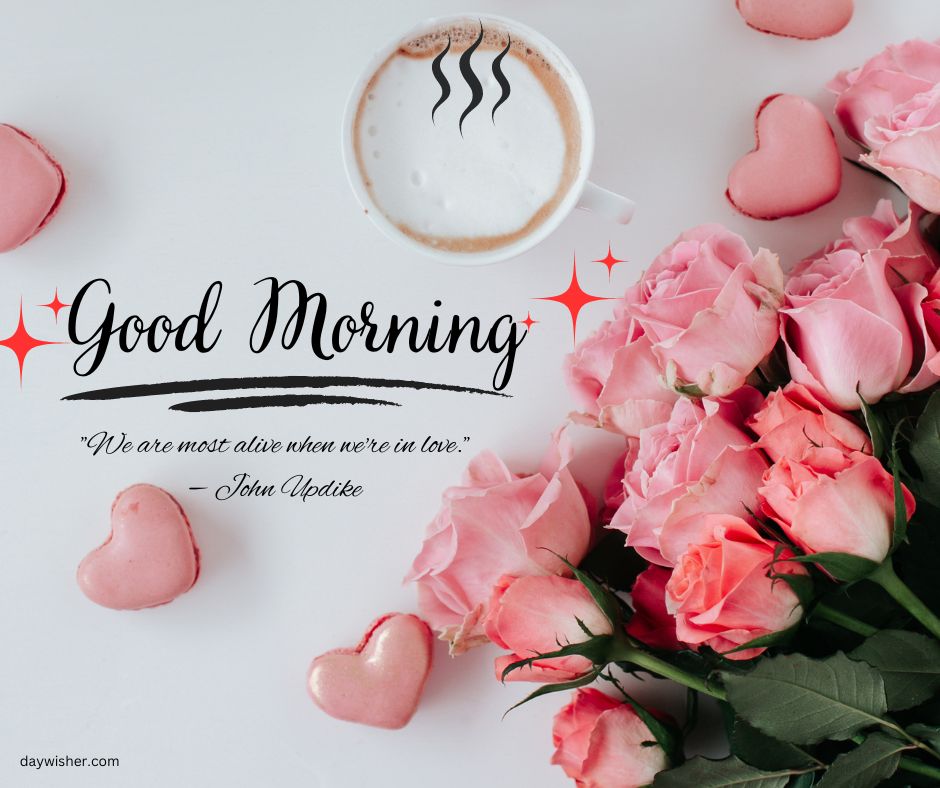 A morning-themed image featuring a cup of coffee with steam and scattered pink roses around it. There's a "Good Morning" greeting and a quote by John Updike.