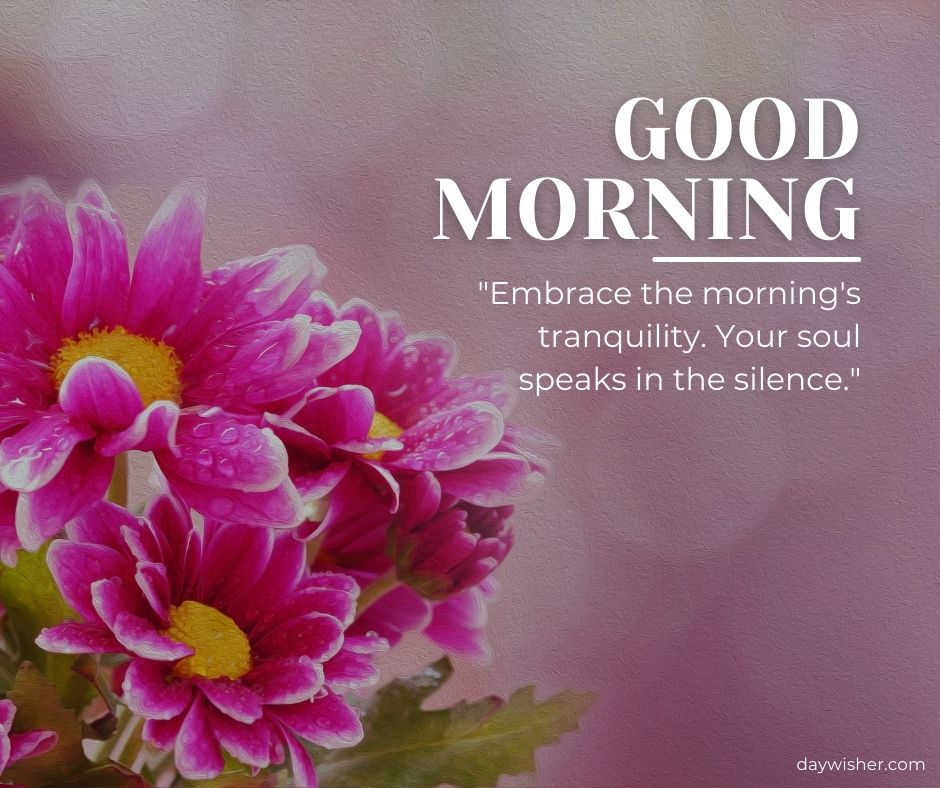 A graphic with pink chrysanthemums covered in dewdrops. The background is a soft pink texture and the phrase "Good Morning" at the top, followed by an inspirational quote about the morning