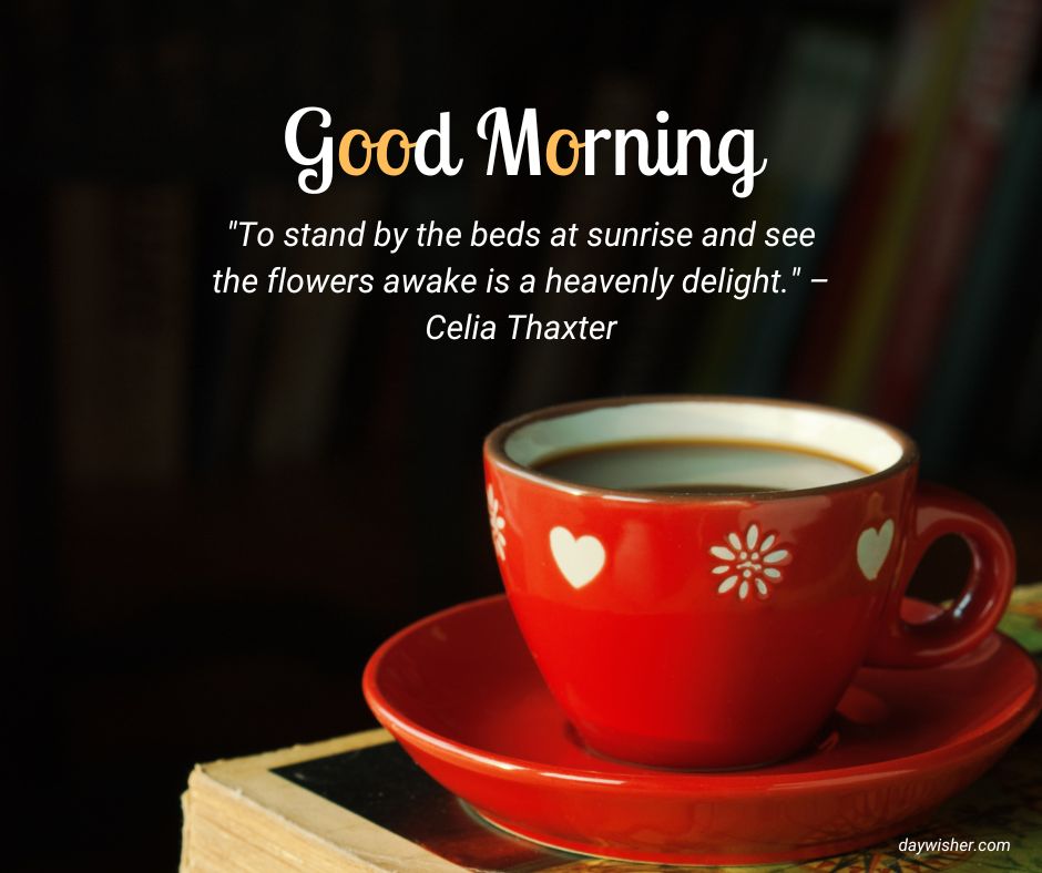 A cup of coffee on a red saucer sits on a table, with a "good morning" greeting and a quote by Celia Thaxter about sunrise and flowers. A Good Morning Images with Quotes