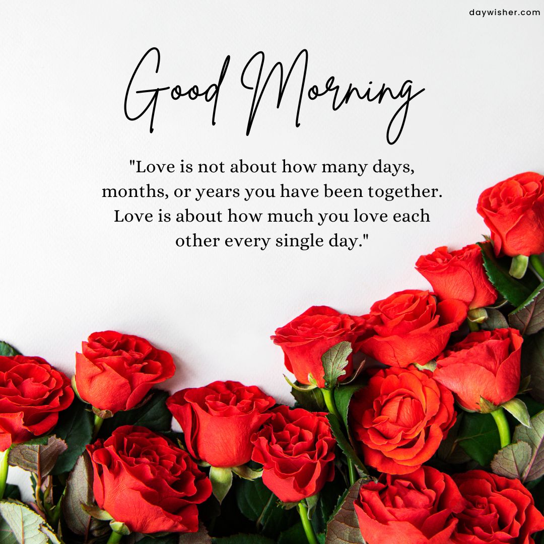 Inspirational "Good Morning Images with Quotes" greeting card with a quote on love, surrounded by a decorative border of red roses on a white background.