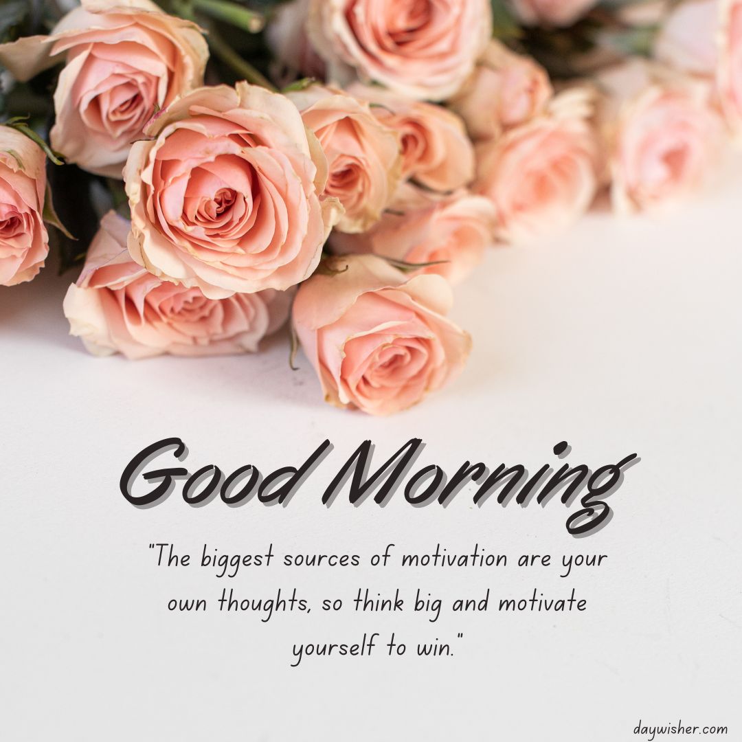 A motivational image featuring a bouquet of pink roses with a "Good Morning Images with Quotes" greeting and an inspirational quote about motivation and thinking big.