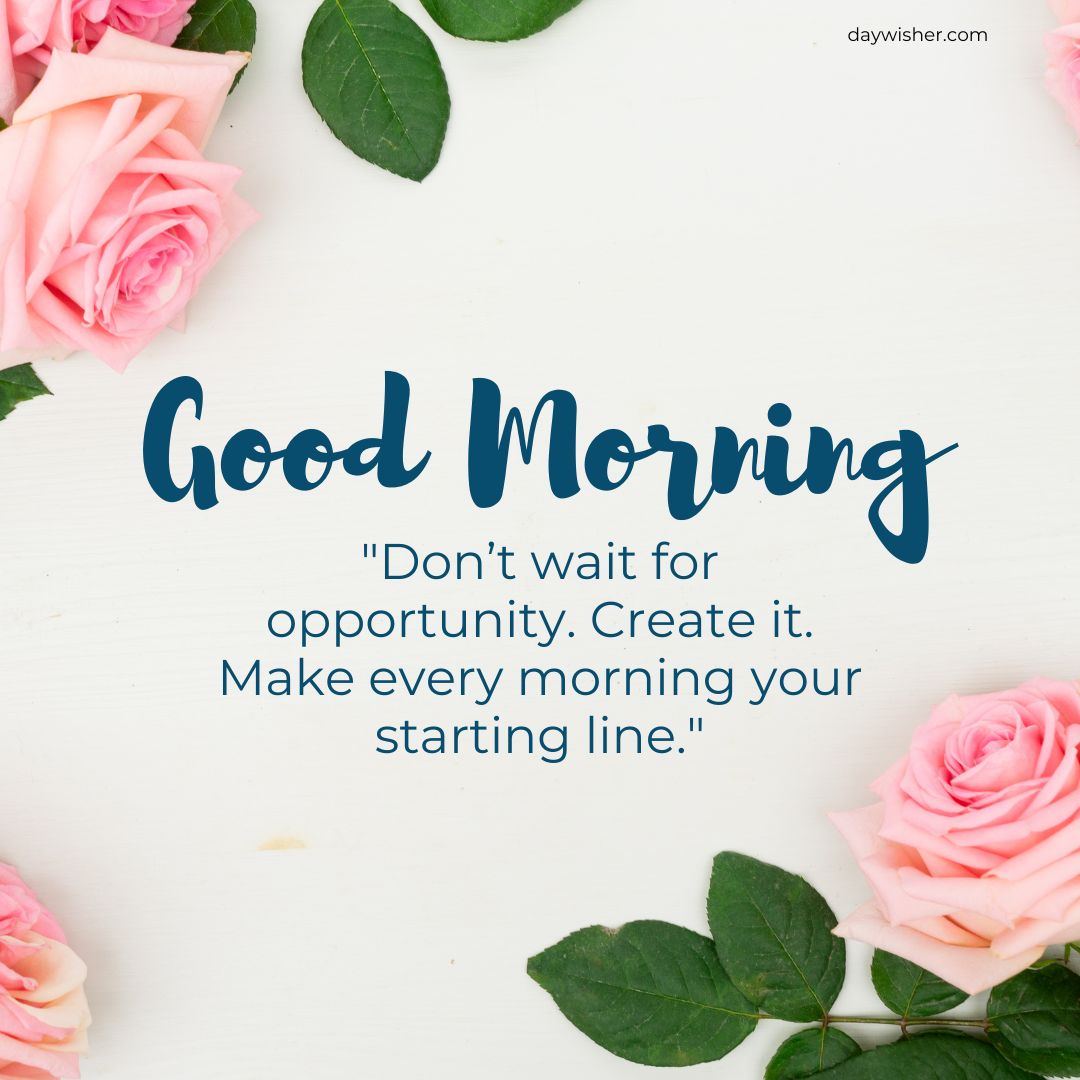 An image featuring a motivational quote "Good Morning Images with Quotes 'don’t wait for opportunity. create it. make every morning your starting line.'" on a background with pink roses and green leaves.