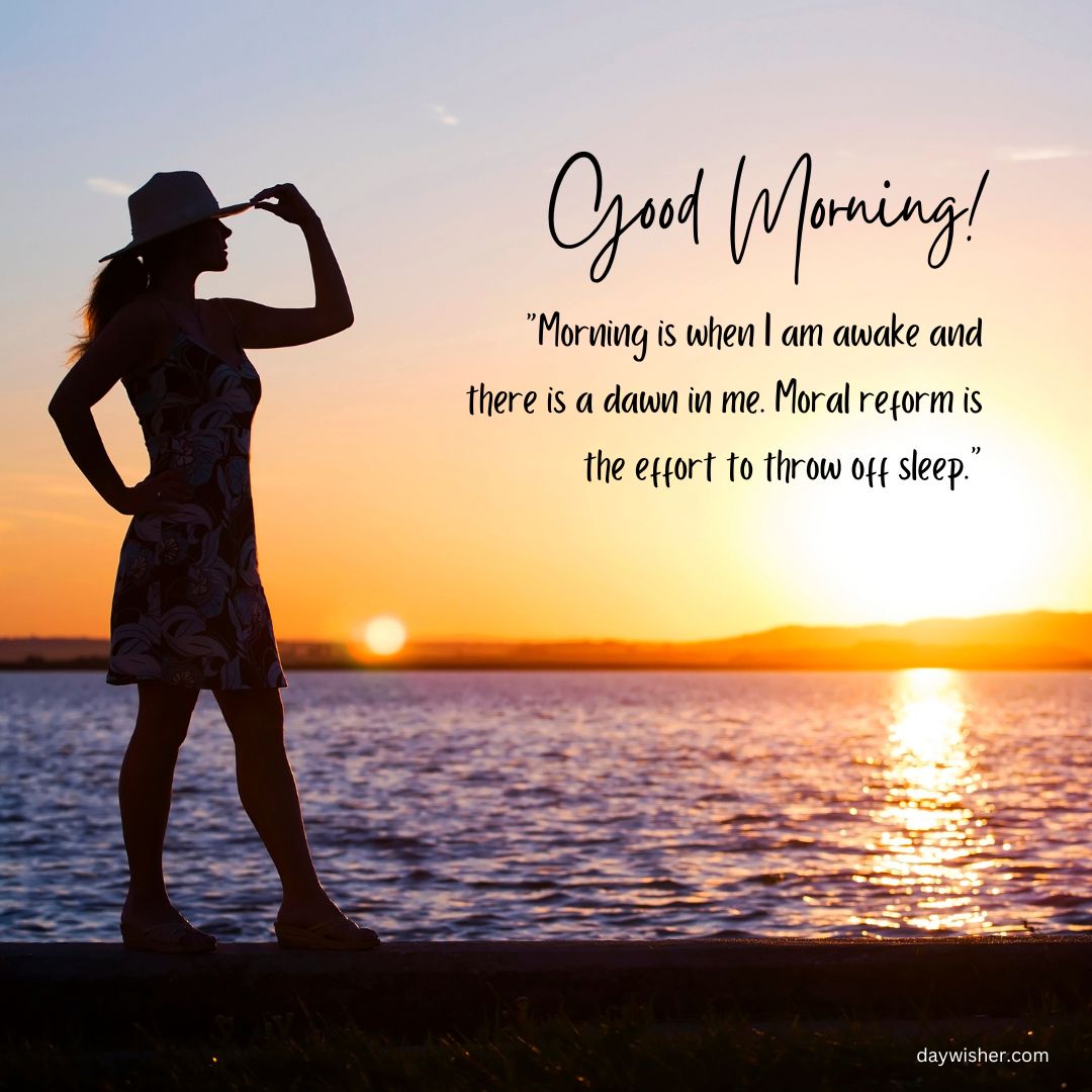 A silhouette of a woman in a summer dress and hat standing by the water at sunrise, with the text "Good Morning Images with Quotes" and a quote about morning and moral reform.